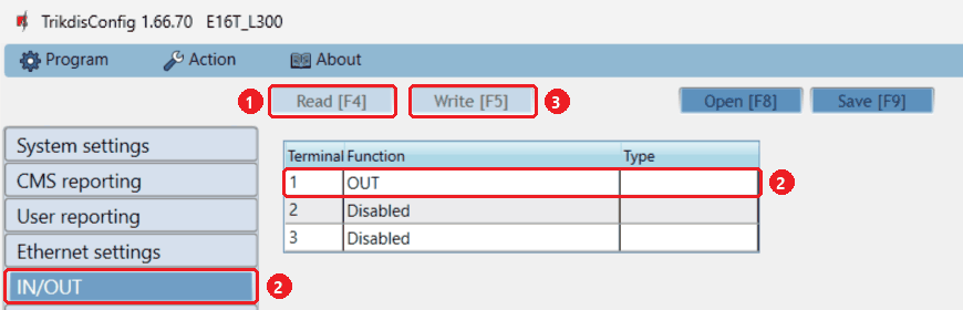 TrikdisConfig, scheda IN/OUT: morsetto 1 su OUT, gli altri su Disabled